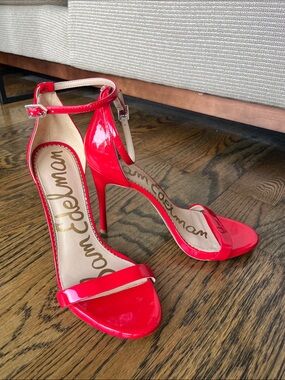 Sam Edelman Bright Red Patent Ankle-Strap Stiletto Heels
